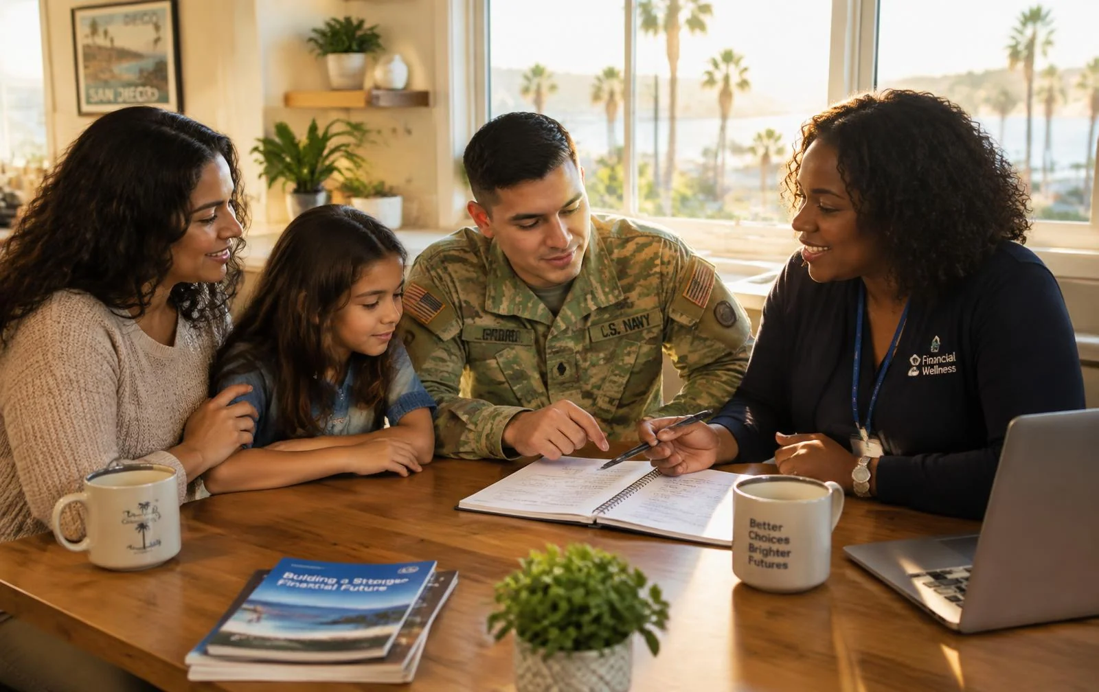 Illustrative AI-generated image of a financial counselor and a Navy service member reviewing a budget worksheet at a table.